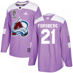 Adidas Peter Forsberg Colorado Avalanche Youth Authentic Fights Cancer Practice 2022 Stanley Cup Champions Jersey - Purple
