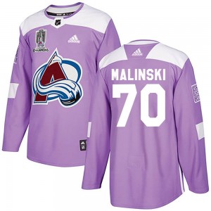 Adidas Sam Malinski Colorado Avalanche Youth Authentic Fights Cancer Practice 2022 Stanley Cup Champions Jersey - Purple