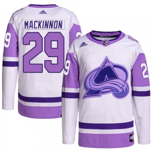 Adidas Nathan MacKinnon Colorado Avalanche Youth Authentic Hockey Fights Cancer Primegreen Jersey - White/Purple