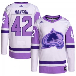 Adidas Josh Manson Colorado Avalanche Youth Authentic Hockey Fights Cancer Primegreen Jersey - White/Purple