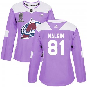 Adidas Denis Malgin Colorado Avalanche Women's Authentic Fights Cancer Practice 2022 Stanley Cup Champions Jersey - Purple