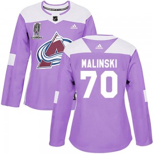 Adidas Sam Malinski Colorado Avalanche Women's Authentic Fights Cancer Practice 2022 Stanley Cup Champions Jersey - Purple