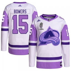 Adidas Shane Bowers Colorado Avalanche Men's Authentic Hockey Fights Cancer 2022 Stanley Cup Champions Jersey - White/Purple