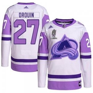 Adidas Jonathan Drouin Colorado Avalanche Men's Authentic Hockey Fights Cancer 2022 Stanley Cup Champions Jersey - White/Purple