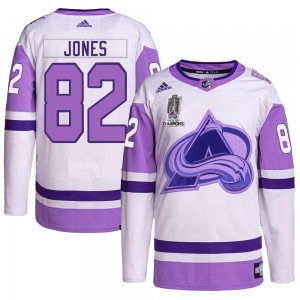 Adidas Caleb Jones Colorado Avalanche Men's Authentic Hockey Fights Cancer 2022 Stanley Cup Champions Jersey - White/Purple