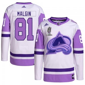 Adidas Denis Malgin Colorado Avalanche Men's Authentic Hockey Fights Cancer 2022 Stanley Cup Champions Jersey - White/Purple