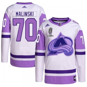 Adidas Sam Malinski Colorado Avalanche Men's Authentic Hockey Fights Cancer 2022 Stanley Cup Champions Jersey - White/Purple