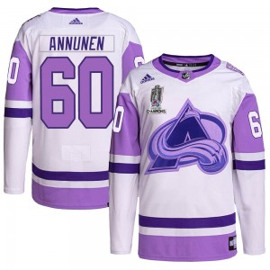 Adidas Justus Annunen Colorado Avalanche Youth Authentic Hockey Fights Cancer 2022 Stanley Cup Champions Jersey - White/Purple