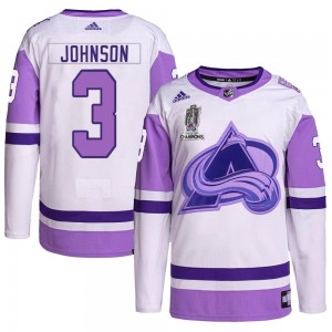 Adidas Jack Johnson Colorado Avalanche Youth Authentic Hockey Fights Cancer 2022 Stanley Cup Champions Jersey - White/Purple