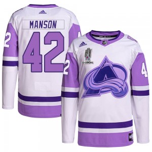 Adidas Josh Manson Colorado Avalanche Youth Authentic Hockey Fights Cancer 2022 Stanley Cup Champions Jersey - White/Purple