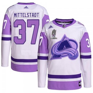 Adidas Casey Mittelstadt Colorado Avalanche Youth Authentic Hockey Fights Cancer 2022 Stanley Cup Champions Jersey - White/Purpl