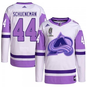 Adidas Corey Schueneman Colorado Avalanche Youth Authentic Hockey Fights Cancer 2022 Stanley Cup Champions Jersey - White/Purple