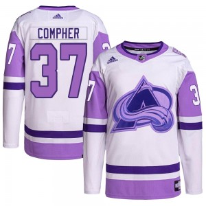 Adidas J.t. Compher Colorado Avalanche Men's Authentic J.T. Compher Hockey Fights Cancer Primegreen Jersey - White/Purple