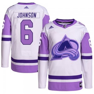 Adidas Erik Johnson Colorado Avalanche Men's Authentic Hockey Fights Cancer Primegreen Jersey - White/Purple