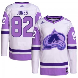 Adidas Caleb Jones Colorado Avalanche Men's Authentic Hockey Fights Cancer Primegreen Jersey - White/Purple