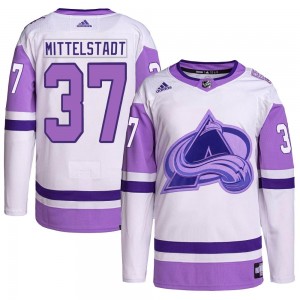 Adidas Casey Mittelstadt Colorado Avalanche Men's Authentic Hockey Fights Cancer Primegreen Jersey - White/Purple