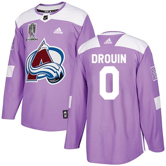 Adidas Jonathan Drouin Colorado Avalanche Youth Authentic Fights Cancer Practice 2022 Stanley Cup Champions Jersey - Purple