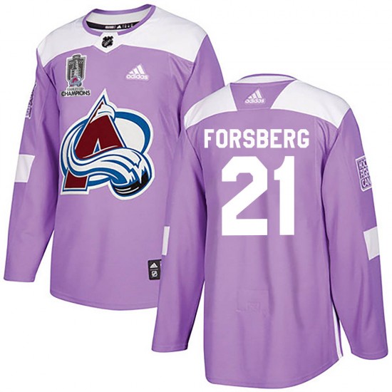 Adidas Peter Forsberg Colorado Avalanche Youth Authentic Fights Cancer Practice 2022 Stanley Cup Champions Jersey - Purple