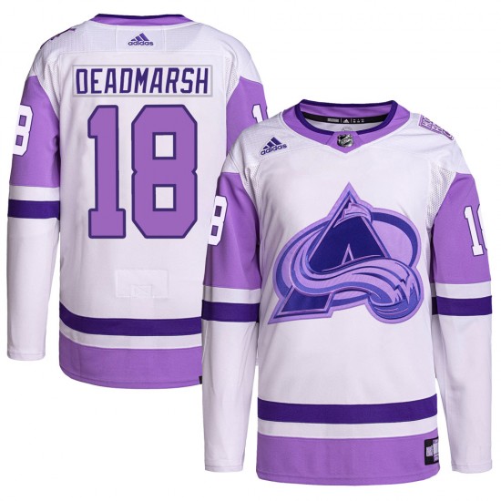 Adidas Adam Deadmarsh Colorado Avalanche Youth Authentic Hockey Fights Cancer Primegreen Jersey - White/Purple