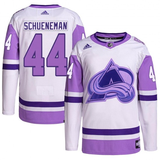 Adidas Corey Schueneman Colorado Avalanche Youth Authentic Hockey Fights Cancer Primegreen Jersey - White/Purple