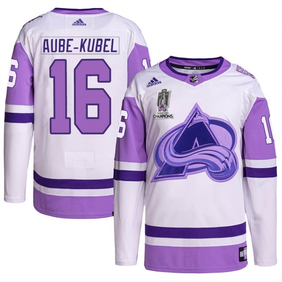 Adidas Nicolas Aube-Kubel Colorado Avalanche Men's Authentic Hockey Fights Cancer 2022 Stanley Cup Champions Jersey - White/Purp