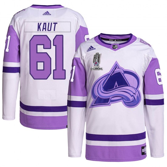 Adidas Martin Kaut Colorado Avalanche Men's Authentic Hockey Fights Cancer 2022 Stanley Cup Champions Jersey - White/Purple