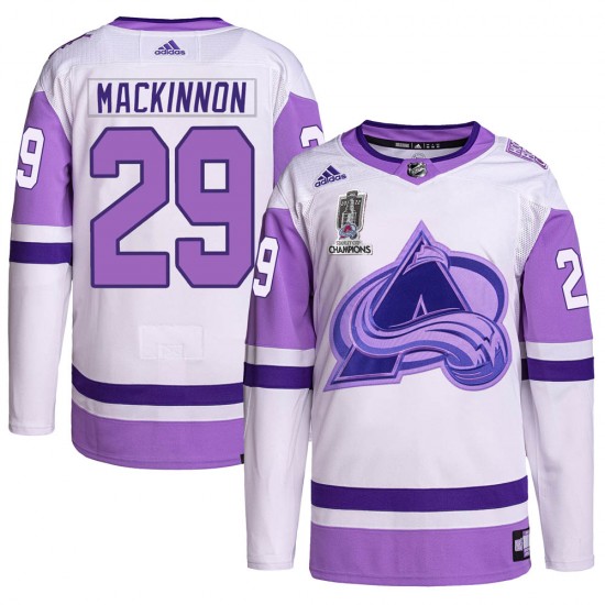 Adidas Nathan MacKinnon Colorado Avalanche Men's Authentic Hockey Fights Cancer 2022 Stanley Cup Champions Jersey - White/Purple