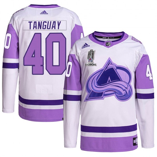 Adidas Alex Tanguay Colorado Avalanche Men's Authentic Hockey Fights Cancer 2022 Stanley Cup Champions Jersey - White/Purple