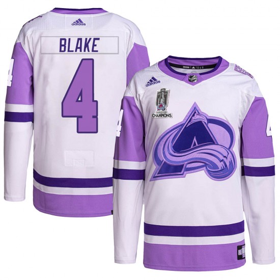 Adidas Rob Blake Colorado Avalanche Youth Authentic Hockey Fights Cancer 2022 Stanley Cup Champions Jersey - White/Purple