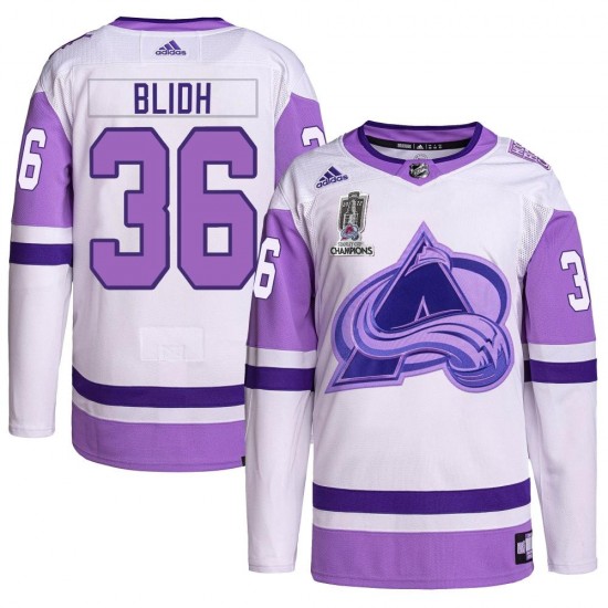 Adidas Anton Blidh Colorado Avalanche Youth Authentic Hockey Fights Cancer 2022 Stanley Cup Champions Jersey - White/Purple