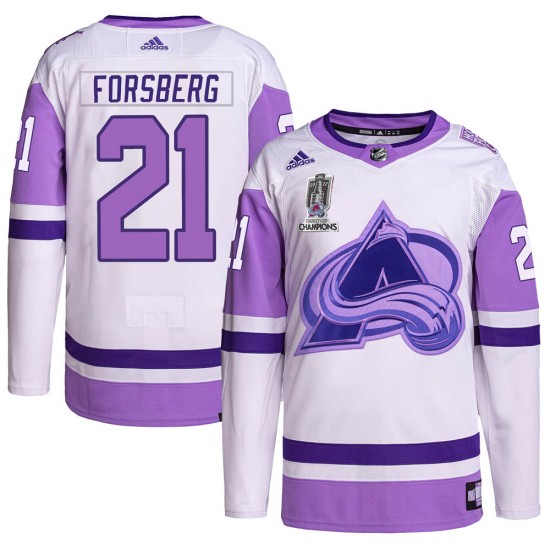 Adidas Peter Forsberg Colorado Avalanche Youth Authentic Hockey Fights Cancer 2022 Stanley Cup Champions Jersey - White/Purple