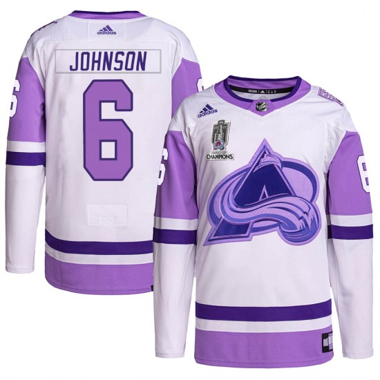Adidas Erik Johnson Colorado Avalanche Youth Authentic Hockey Fights Cancer 2022 Stanley Cup Champions Jersey - White/Purple