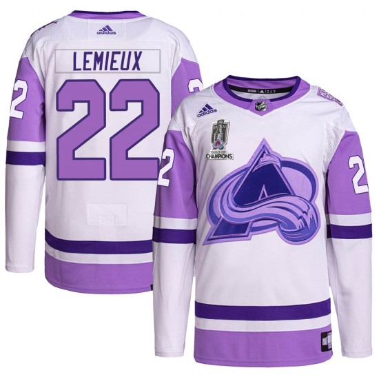 Adidas Claude Lemieux Colorado Avalanche Youth Authentic Hockey Fights Cancer 2022 Stanley Cup Champions Jersey - White/Purple