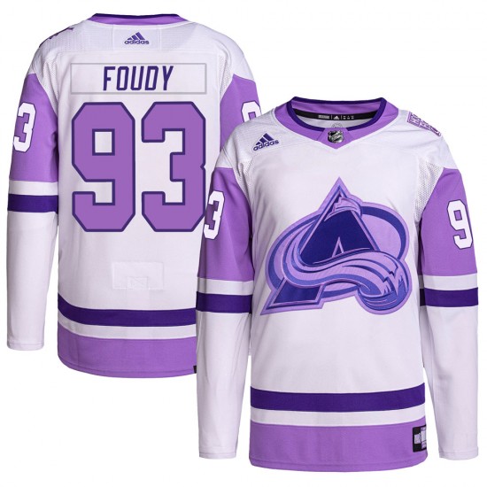Adidas Jean-Luc Foudy Colorado Avalanche Men's Authentic Hockey Fights Cancer Primegreen Jersey - White/Purple